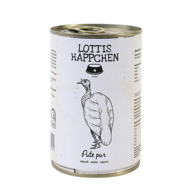 Sparpaket 6 x 400 g Lottis Häppchen Pute Pur Hunde Nassfutter Beliebt